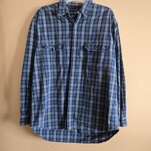 Eddie Bauer Blue Gray Plaid Button Down, M (PTP=23.5")